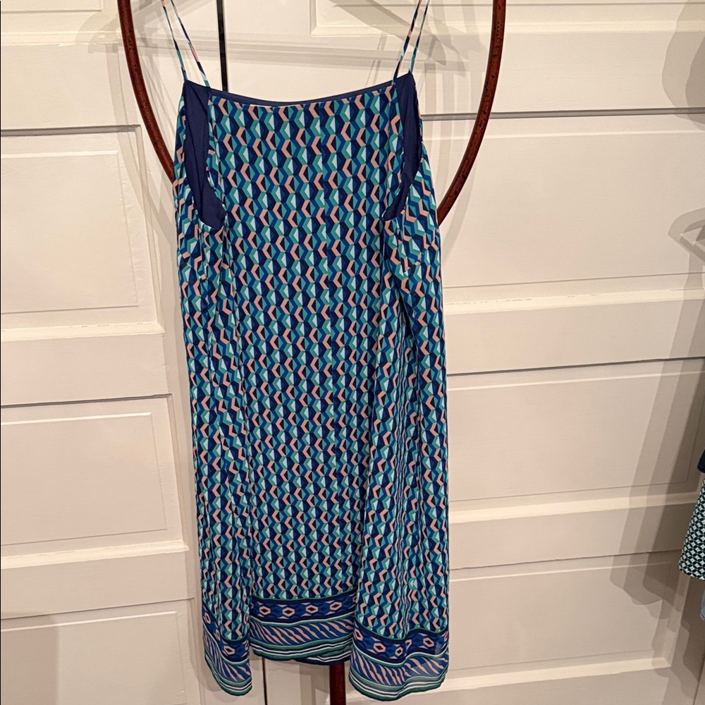 Maeve Silk slip dress by anthropology blue teal retro geometric print large